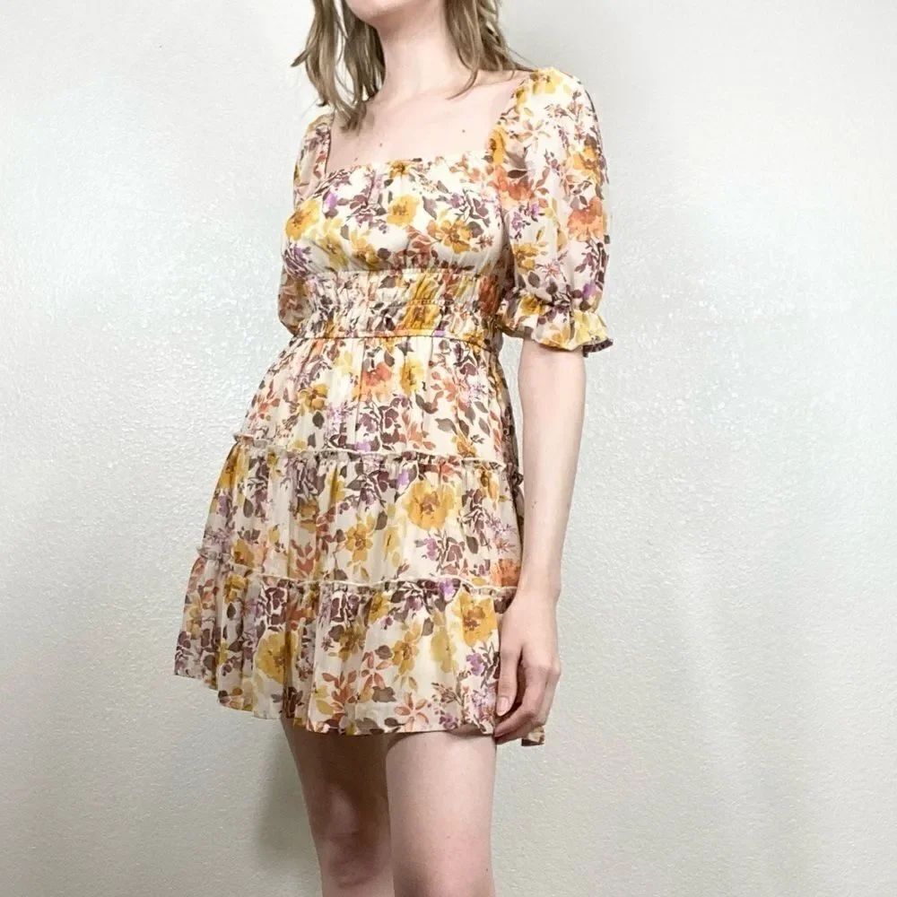 Trixxi White & Orange Floral Puff Sleeve Tiered Mini Dress